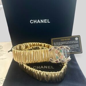 Chanel Gold Elastic CC Logo Belt Size M Multicolor Stones Full Set
